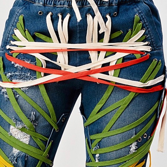 ALL OVER LACE UP MULTICOLORED JEANS - Picture 2 of 2
